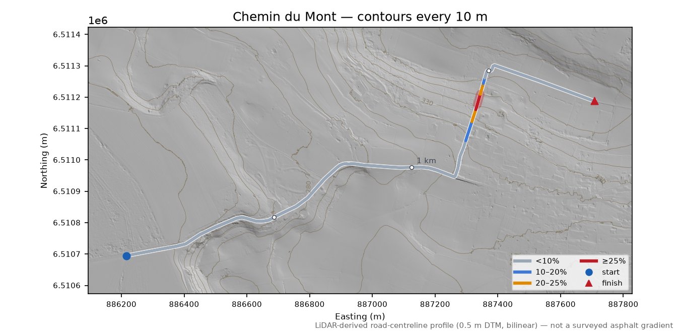Chemin du Mont LiDAR hillshade map with contours