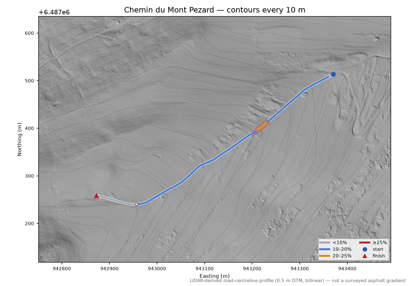 Chemin du Mont Pezard LiDAR hillshade map with contours