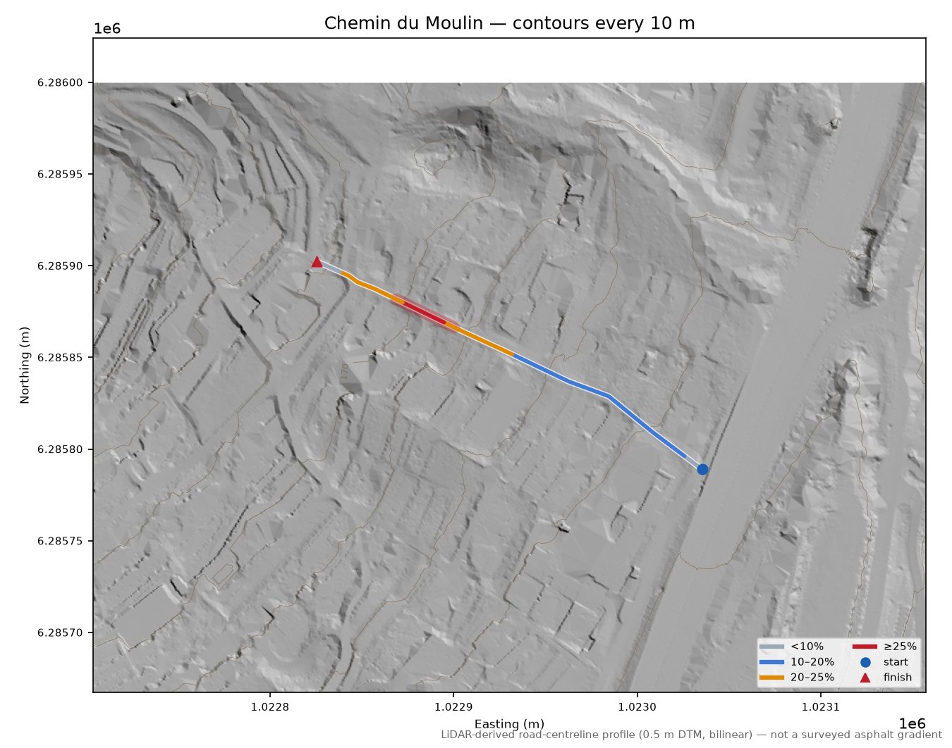 Chemin du Moulin LiDAR hillshade map with contours