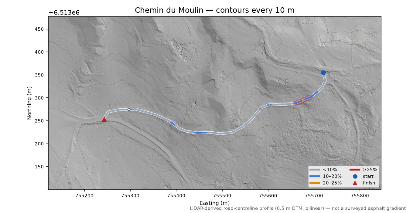 Chemin du Moulin LiDAR hillshade map with contours
