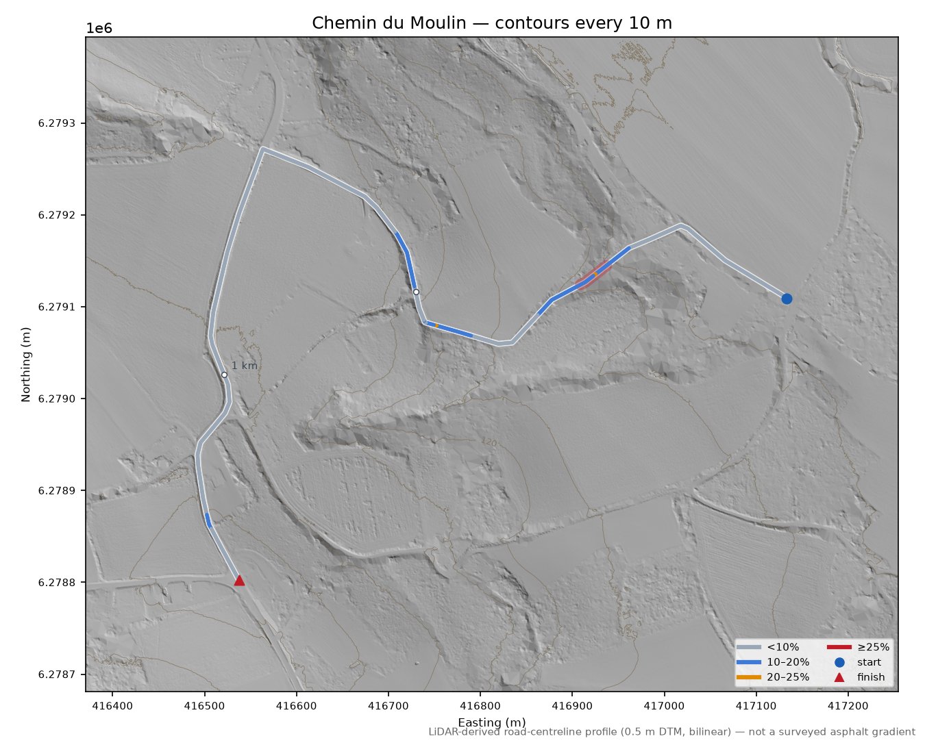 Chemin du Moulin LiDAR hillshade map with contours
