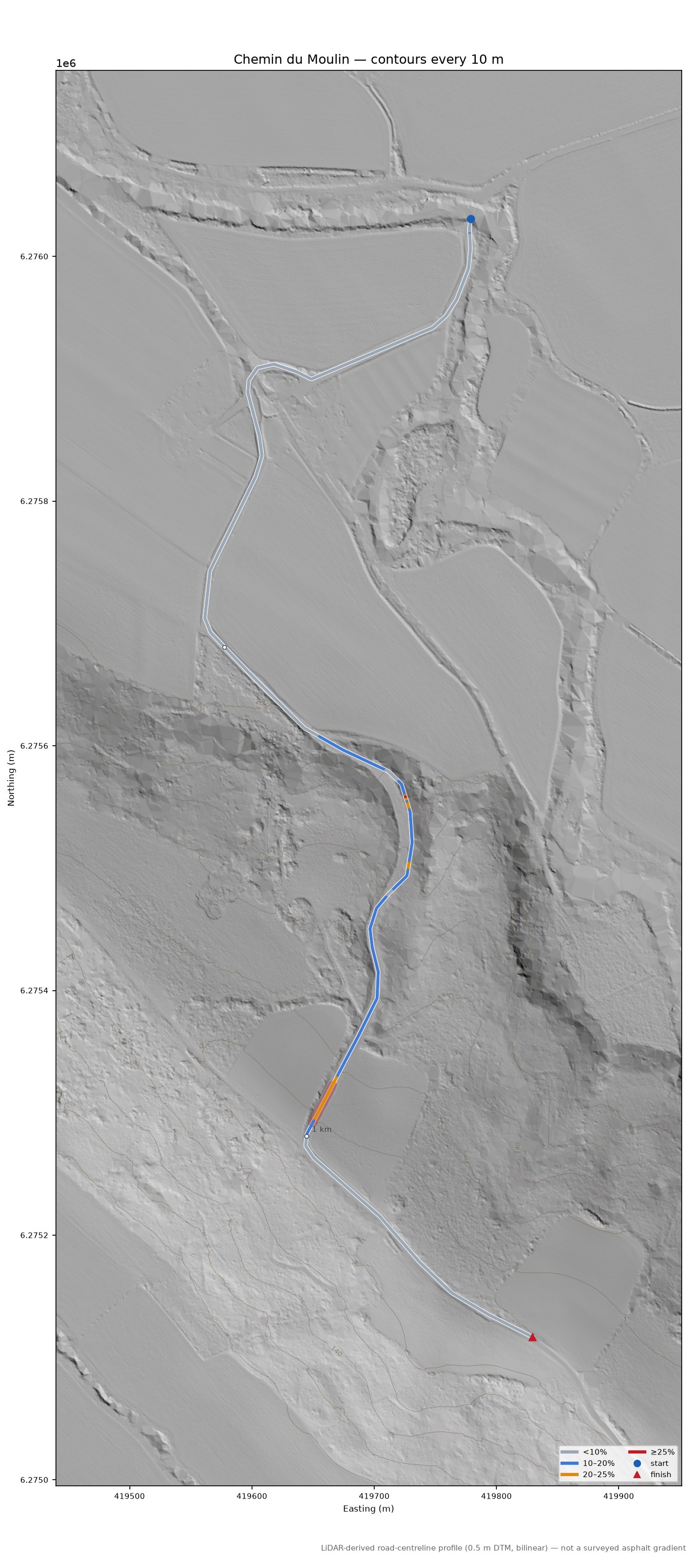 Chemin du Moulin LiDAR hillshade map with contours