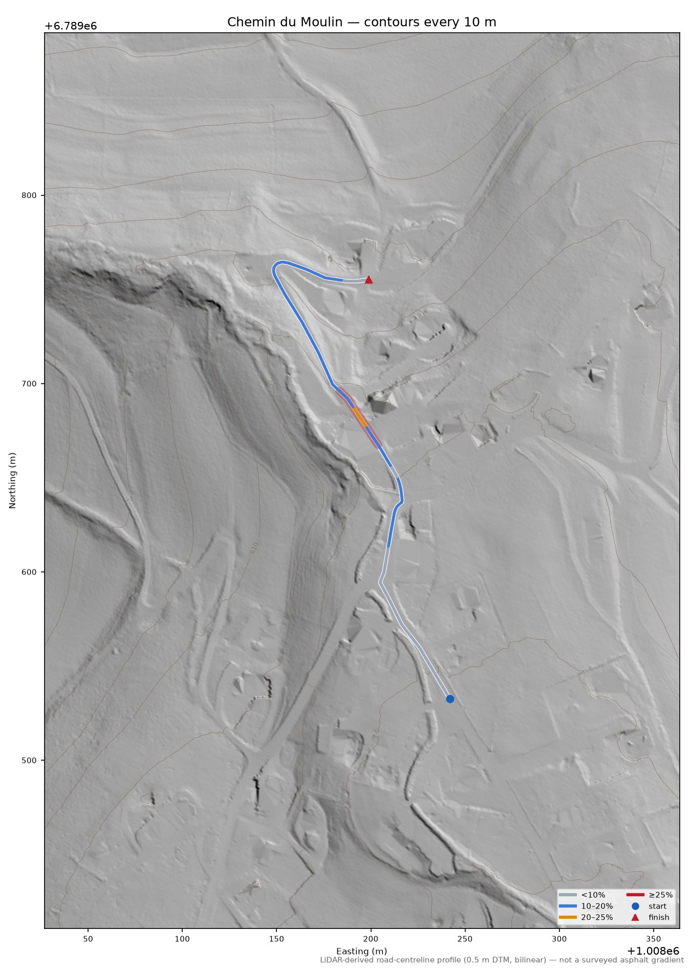 Chemin du Moulin LiDAR hillshade map with contours
