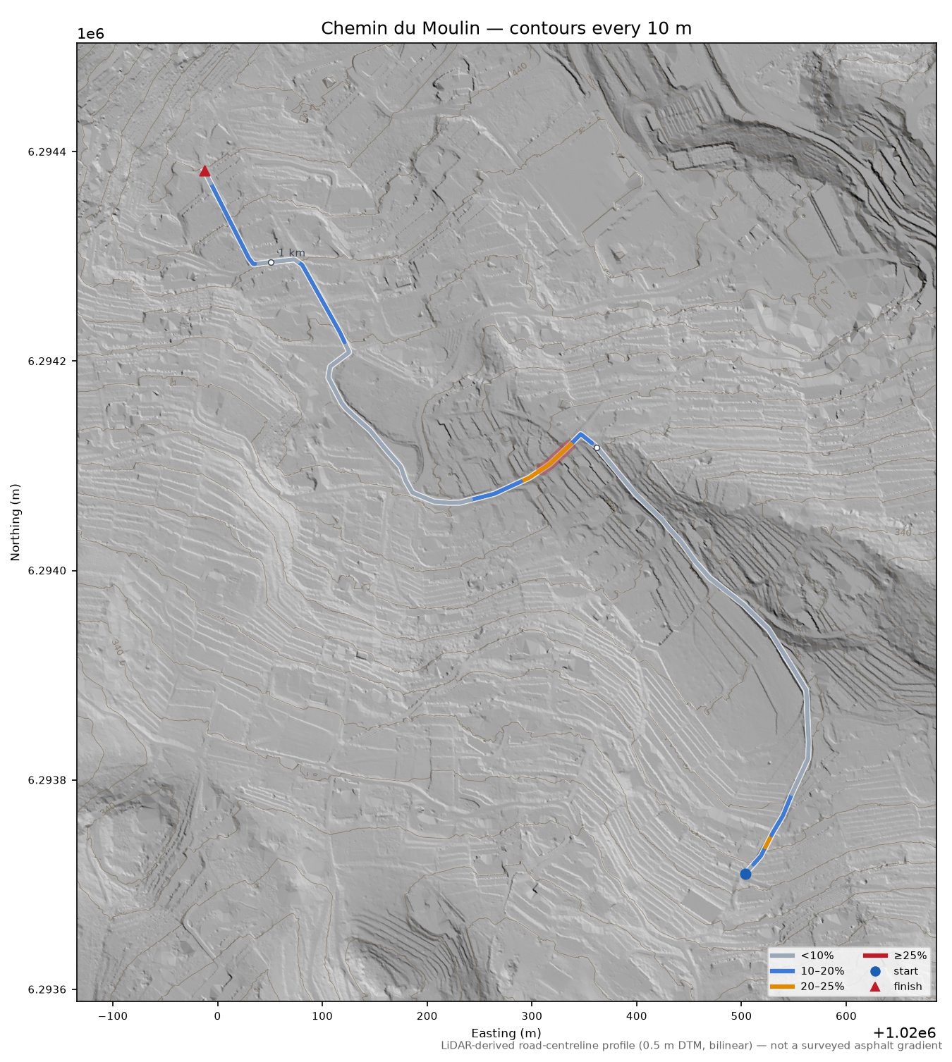 Chemin du Moulin LiDAR hillshade map with contours