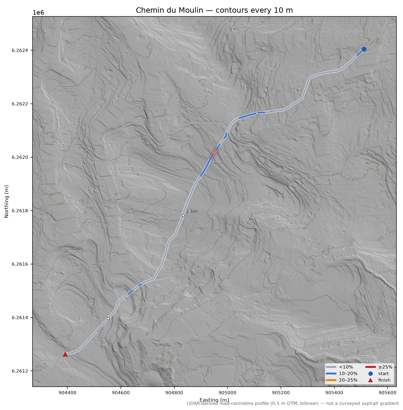 Chemin du Moulin LiDAR hillshade map with contours