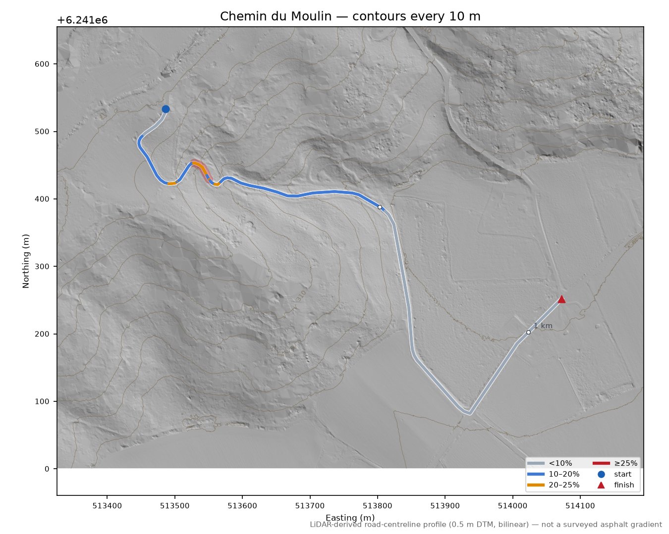 Chemin du Moulin LiDAR hillshade map with contours