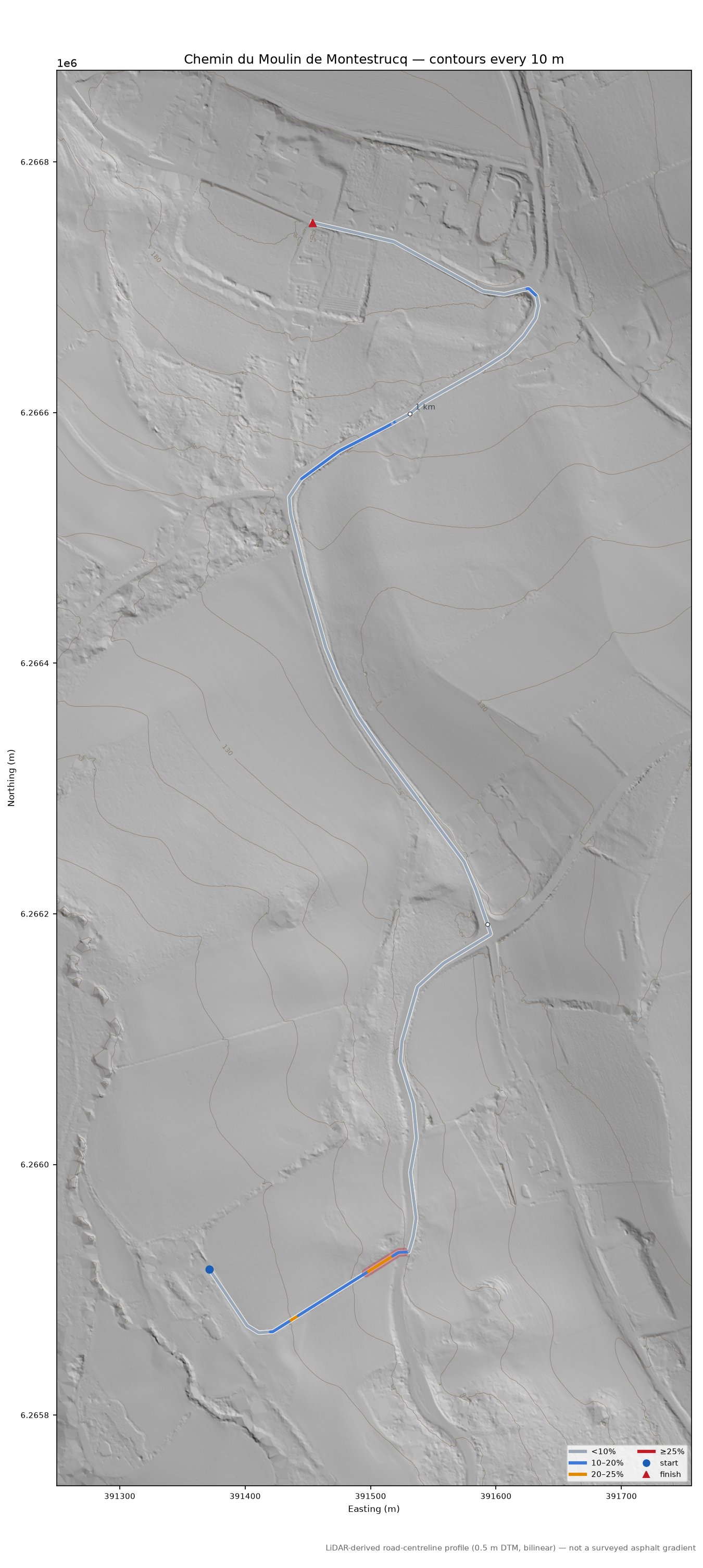 Chemin du Moulin de Montestrucq LiDAR hillshade map with contours