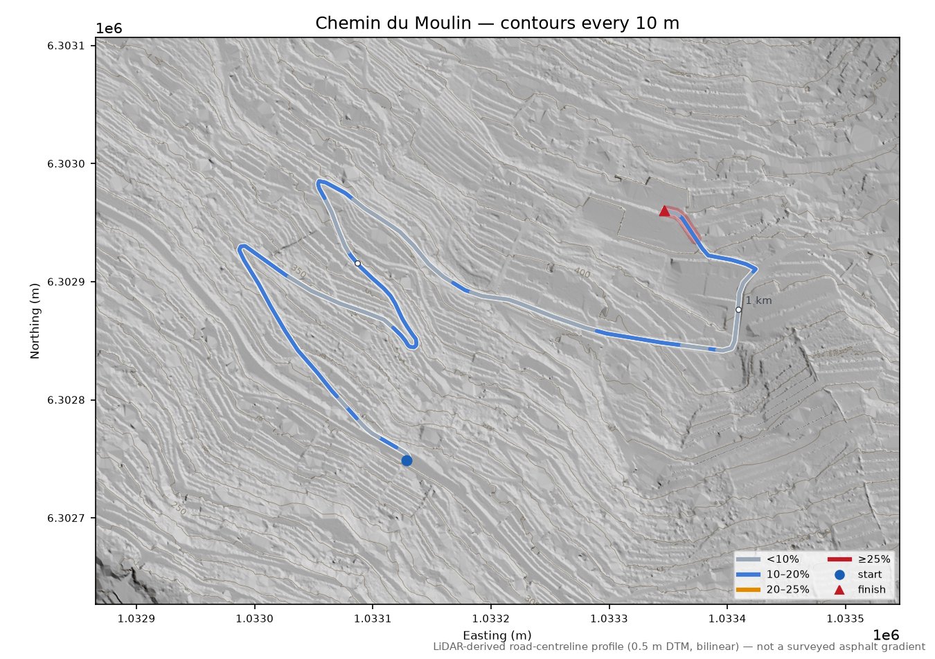 Chemin du Moulin LiDAR hillshade map with contours