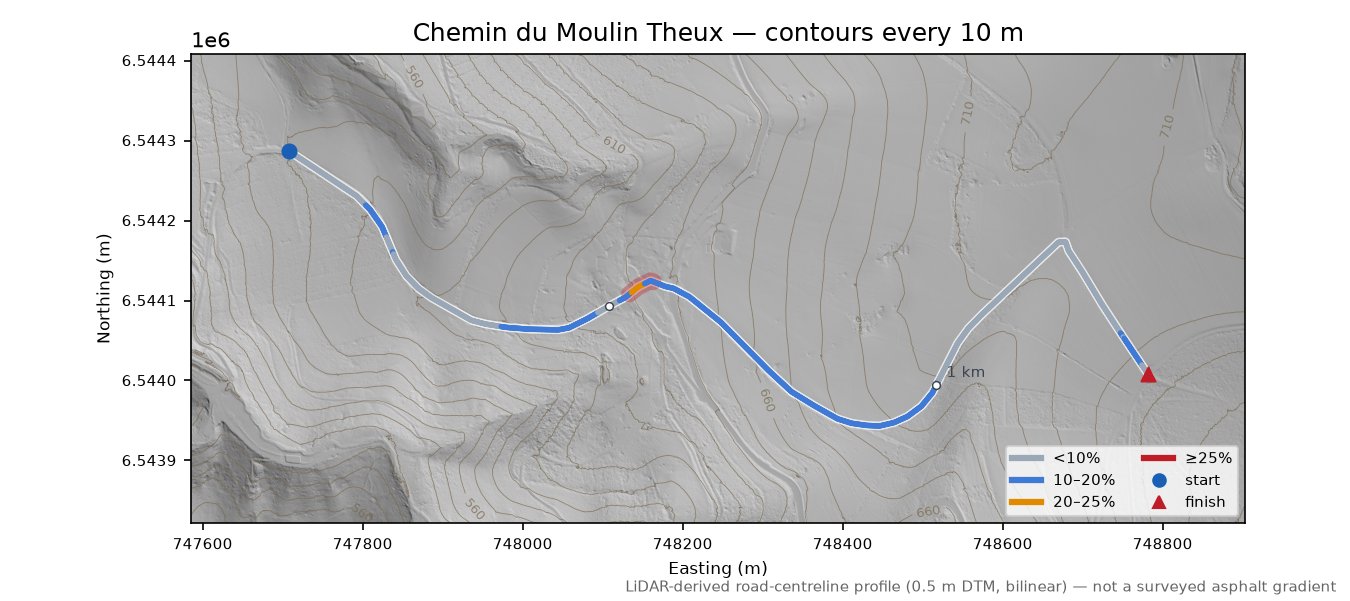 Chemin du Moulin Theux LiDAR hillshade map with contours