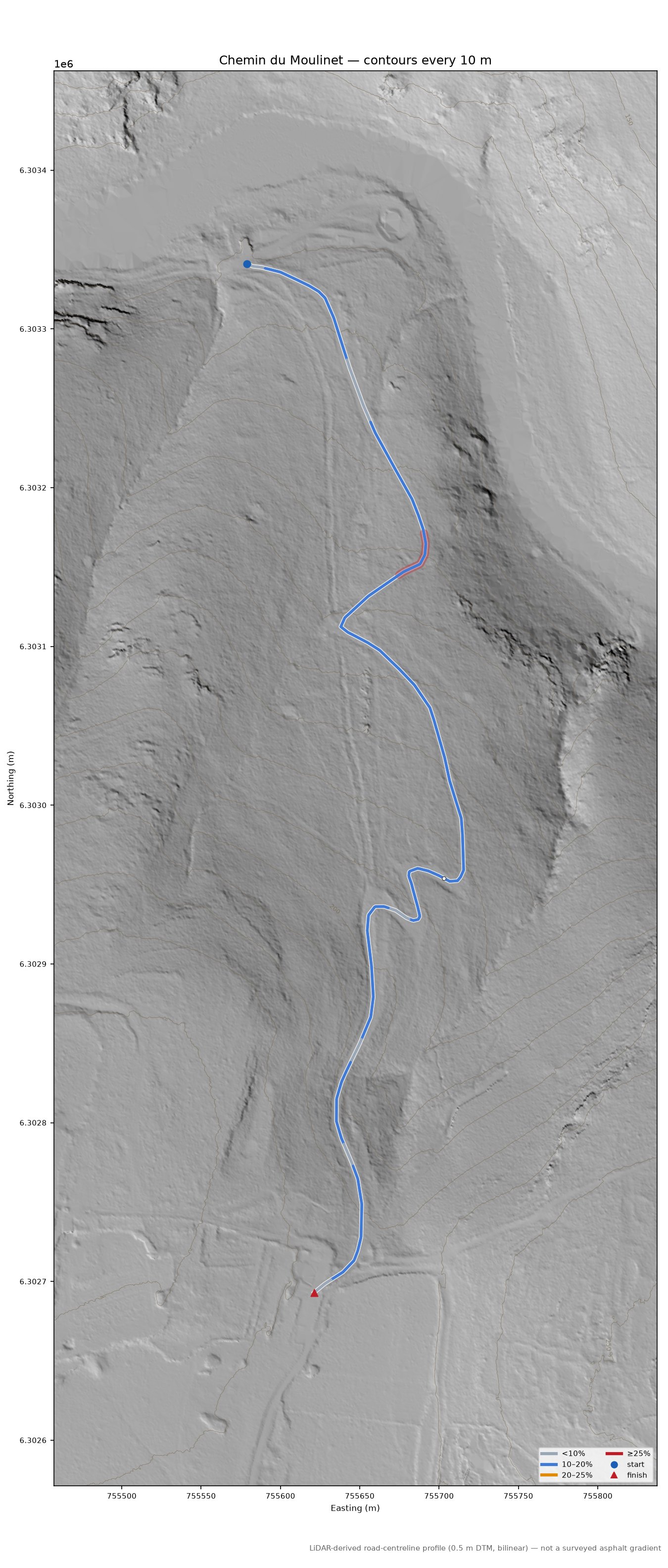 Chemin du Moulinet LiDAR hillshade map with contours