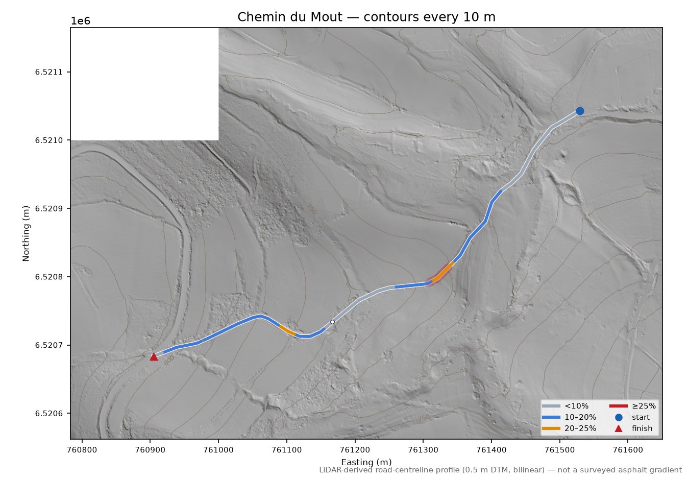 Chemin du Mout LiDAR hillshade map with contours