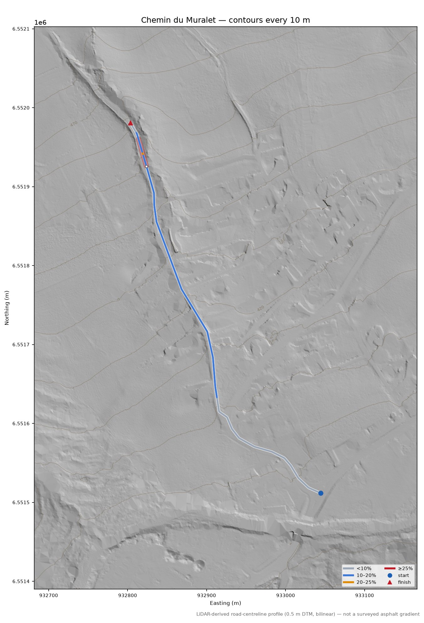 Chemin du Muralet LiDAR hillshade map with contours