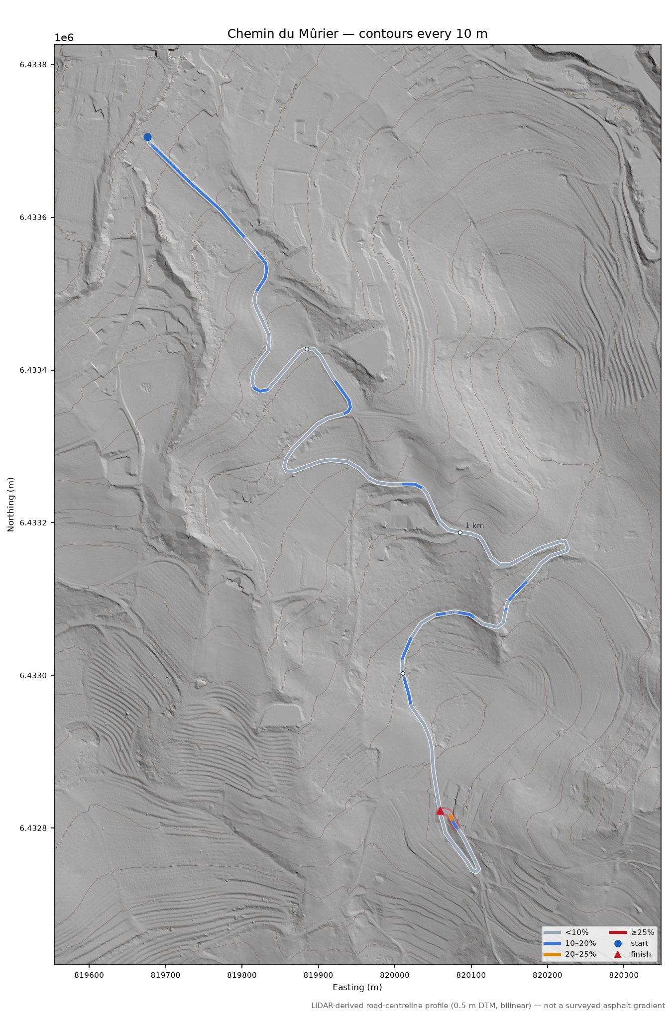 Chemin du Mûrier LiDAR hillshade map with contours