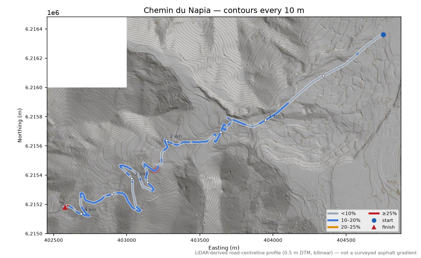 Chemin du Napia LiDAR hillshade map with contours