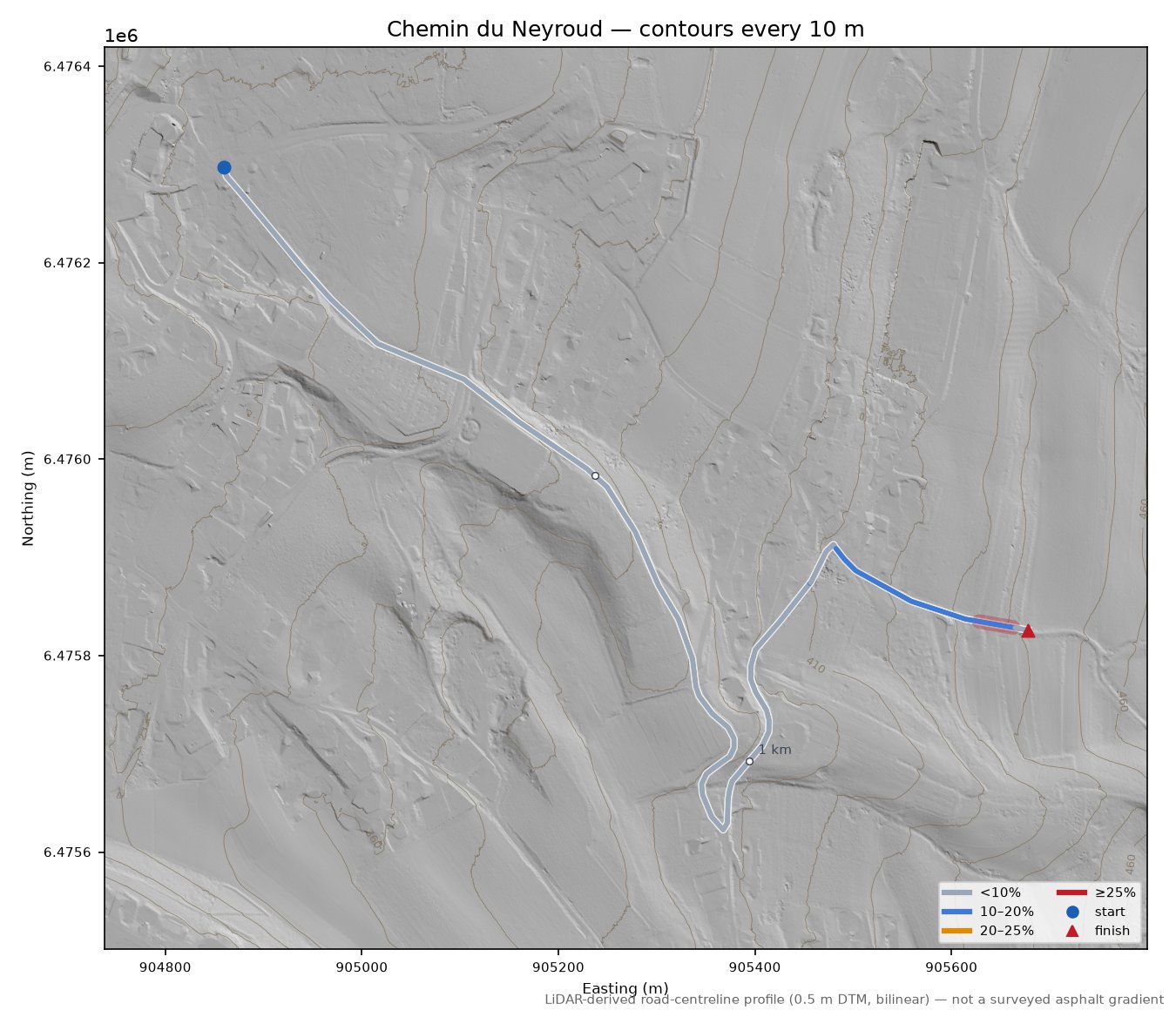 Chemin du Neyroud LiDAR hillshade map with contours