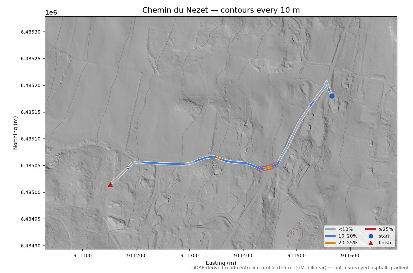 Chemin du Nezet LiDAR hillshade map with contours