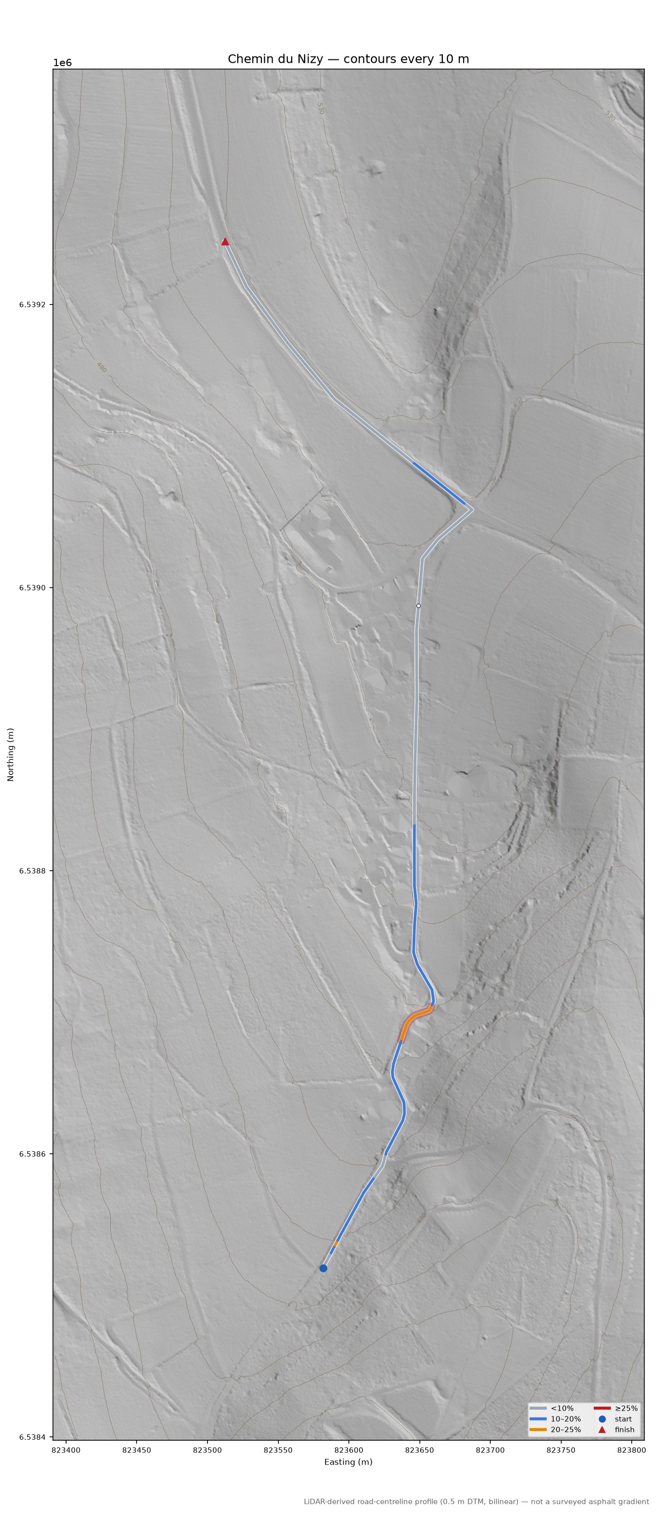 Chemin du Nizy LiDAR hillshade map with contours