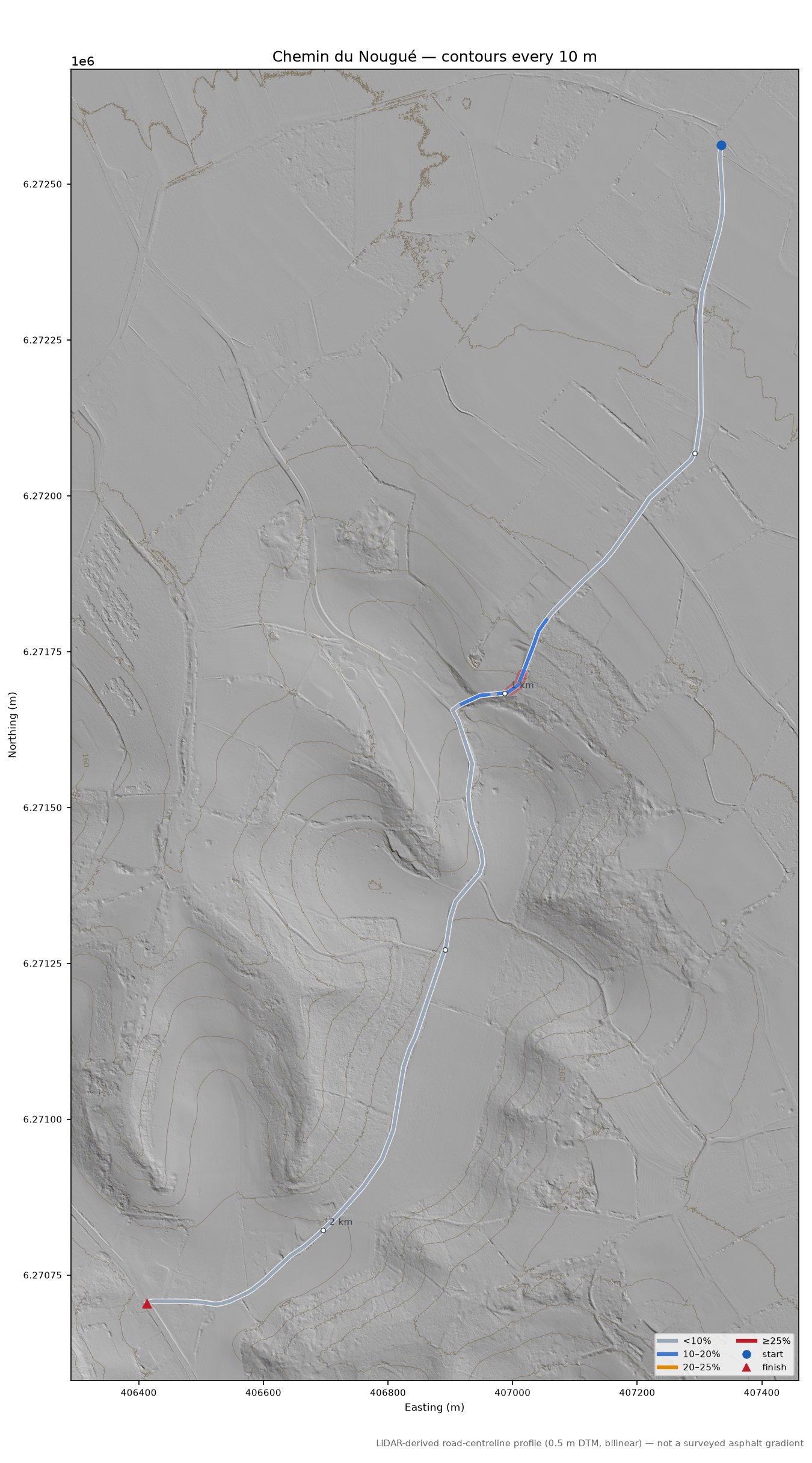 Chemin du Nougué LiDAR hillshade map with contours