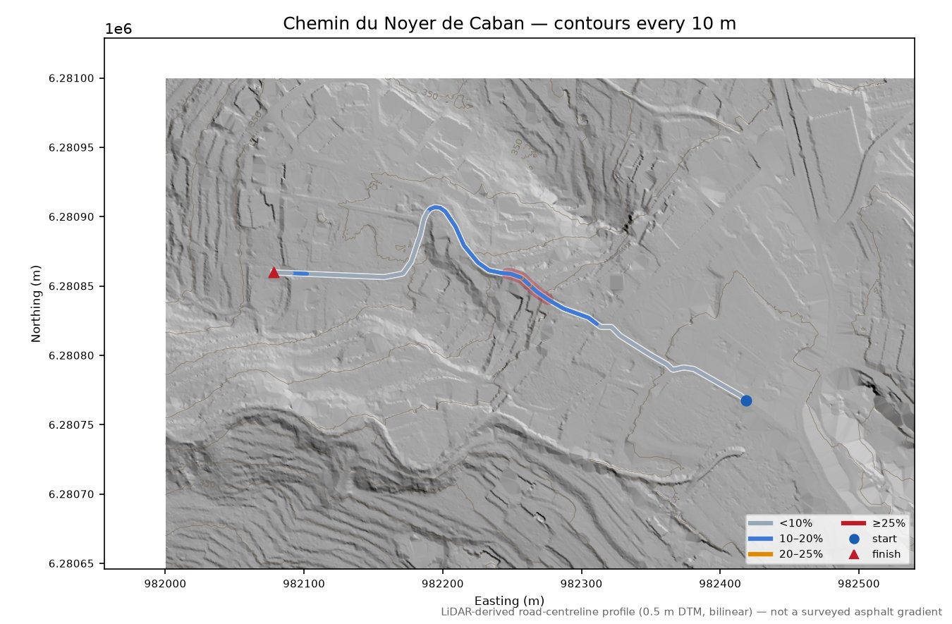 Chemin du Noyer de Caban LiDAR hillshade map with contours