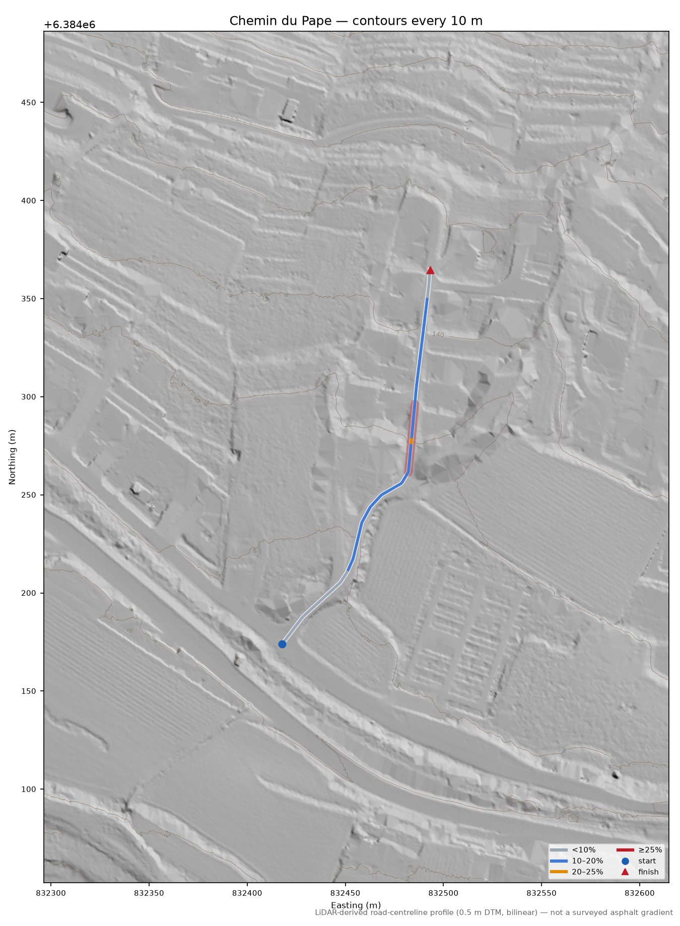 Chemin du Pape LiDAR hillshade map with contours