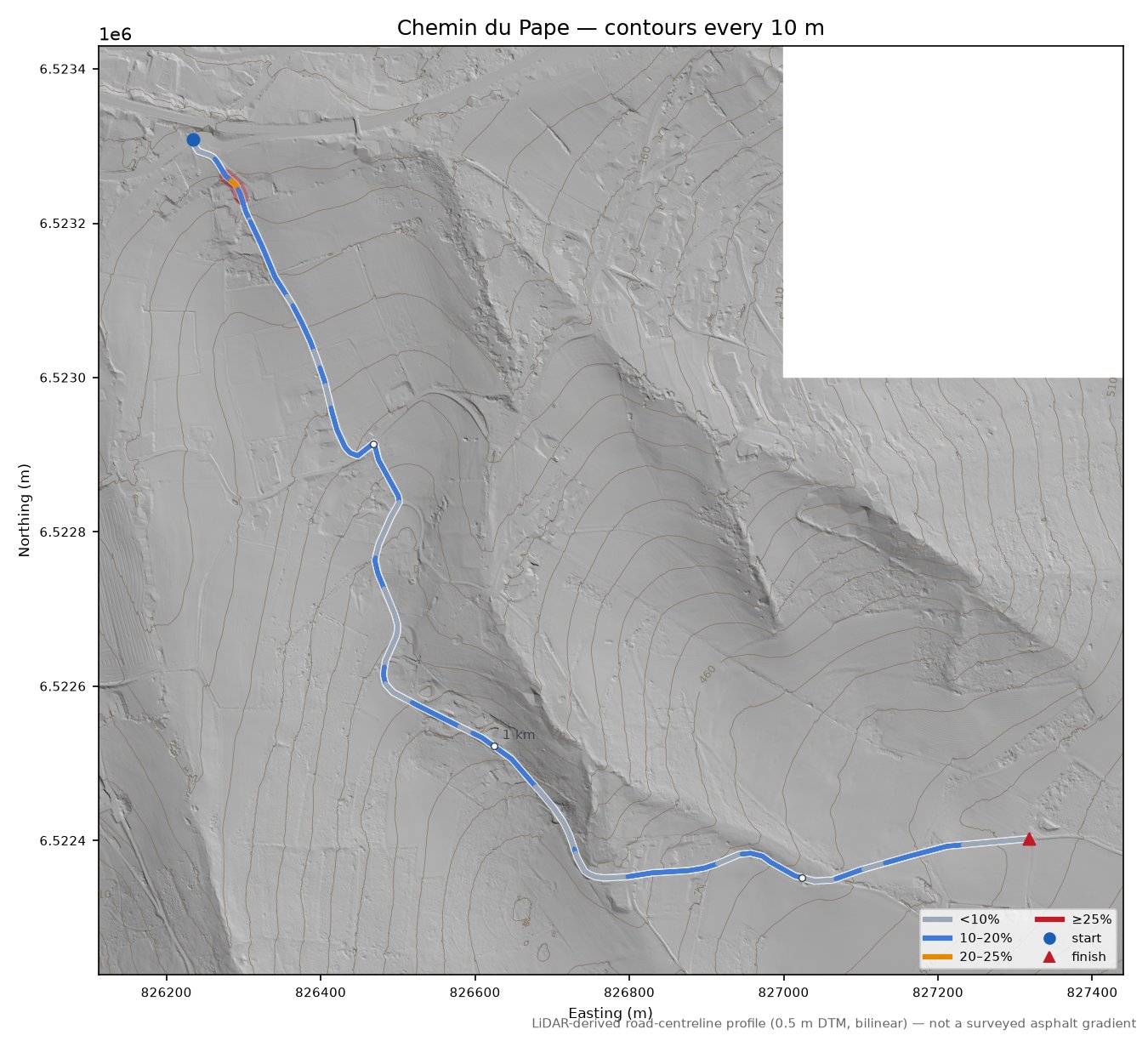 Chemin du Pape LiDAR hillshade map with contours