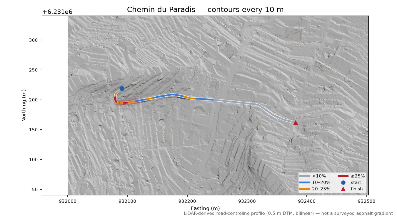 Chemin du Paradis LiDAR hillshade map with contours