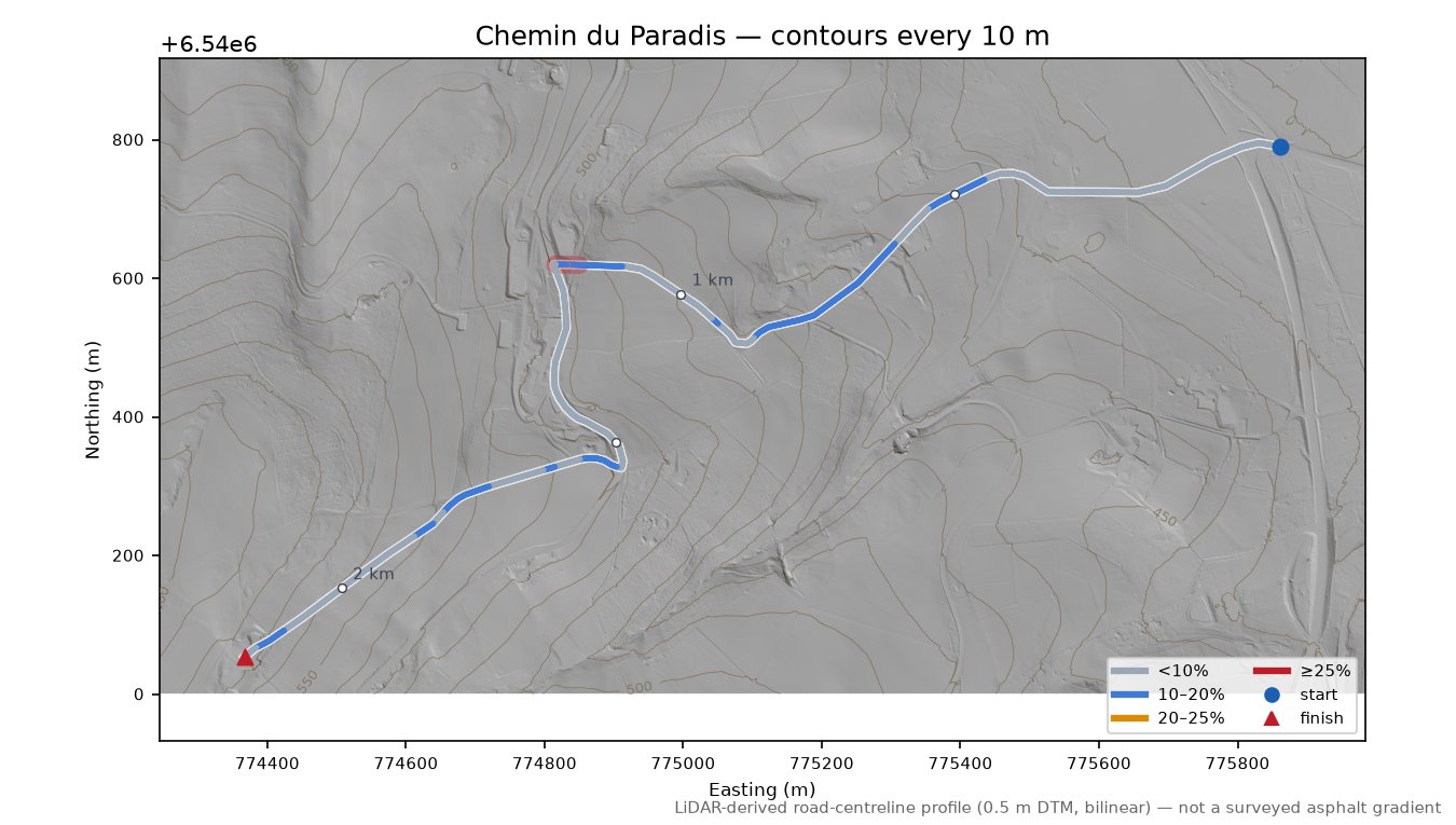 Chemin du Paradis LiDAR hillshade map with contours