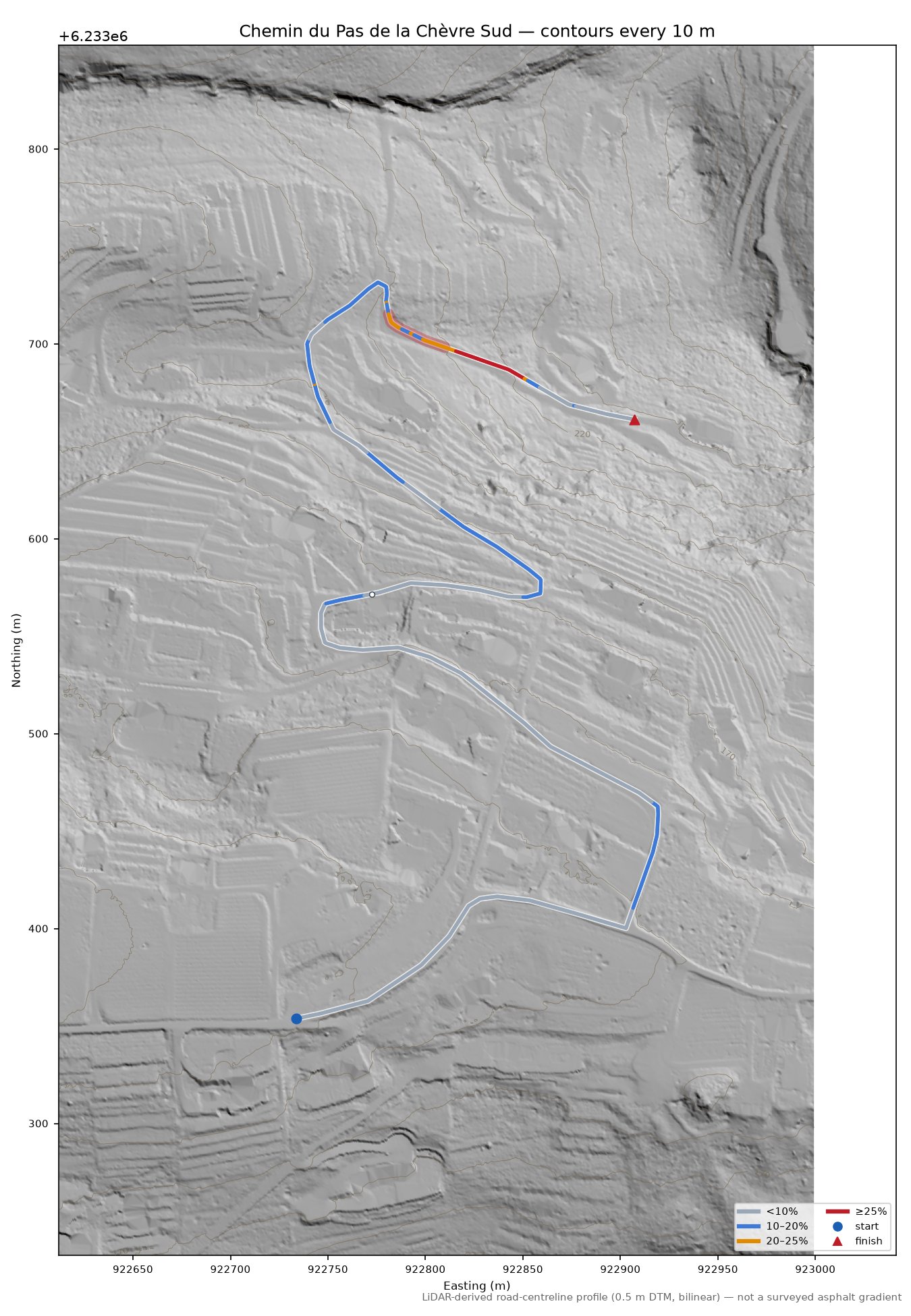 Chemin du Pas de la Chèvre Sud LiDAR hillshade map with contours