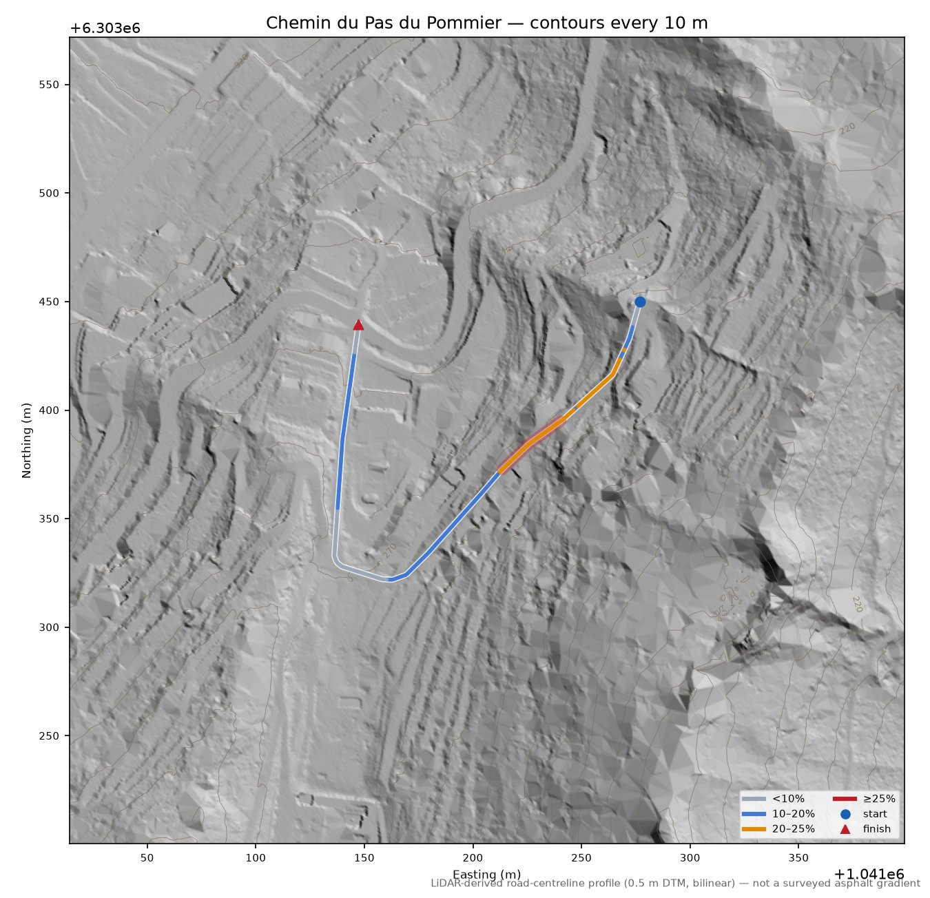 Chemin du Pas du Pommier LiDAR hillshade map with contours