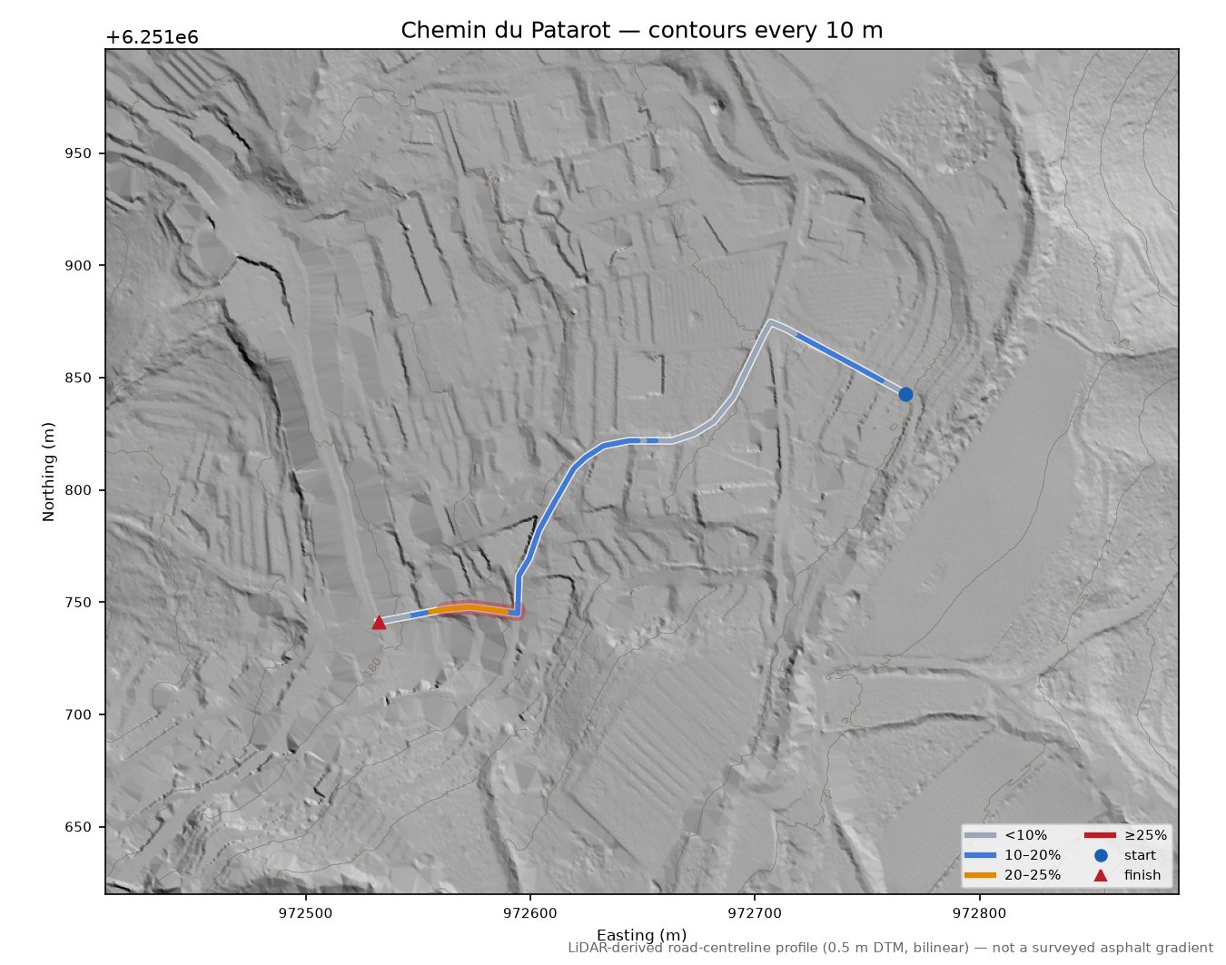Chemin du Patarot LiDAR hillshade map with contours