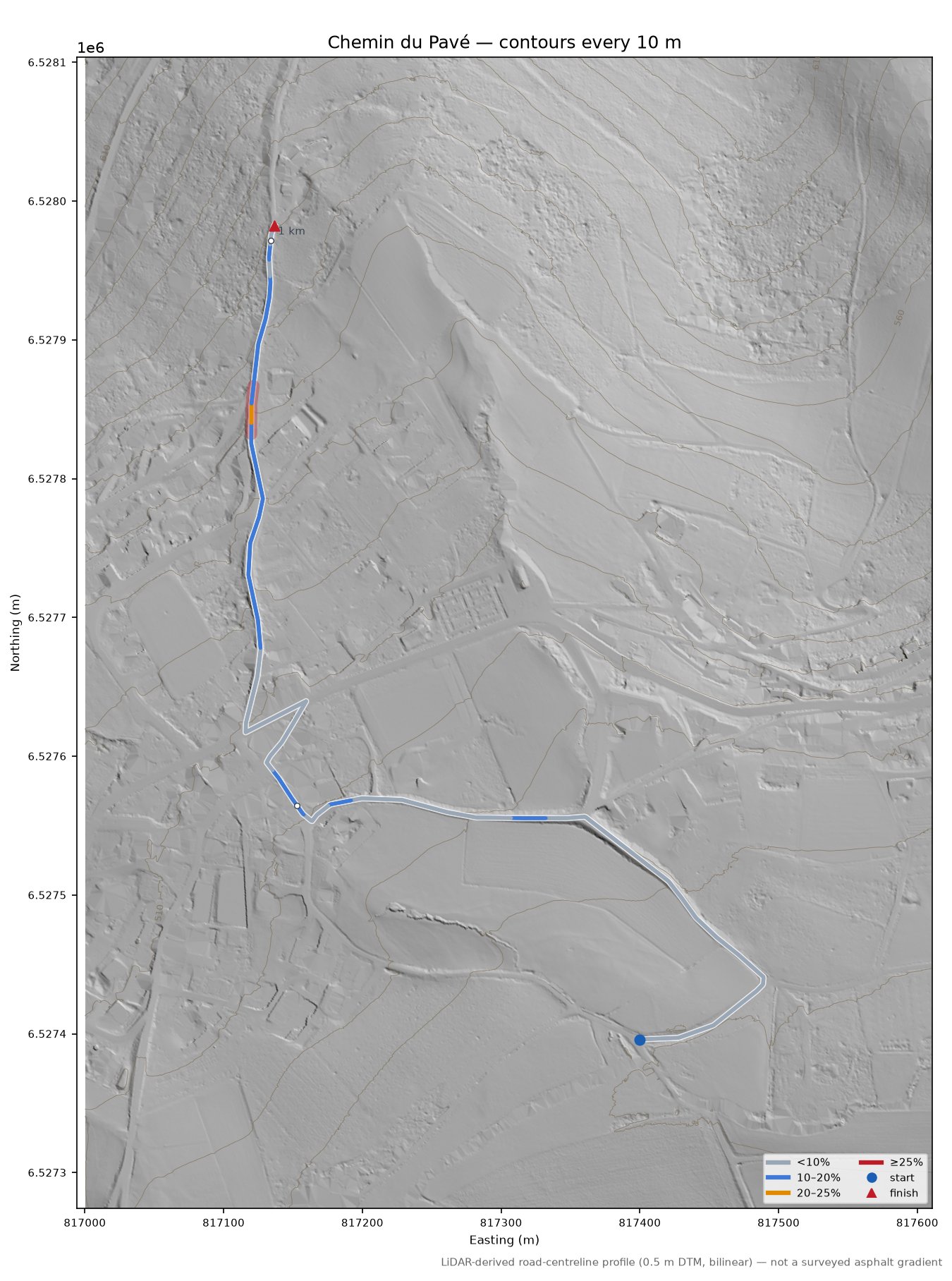 Chemin du Pavé LiDAR hillshade map with contours