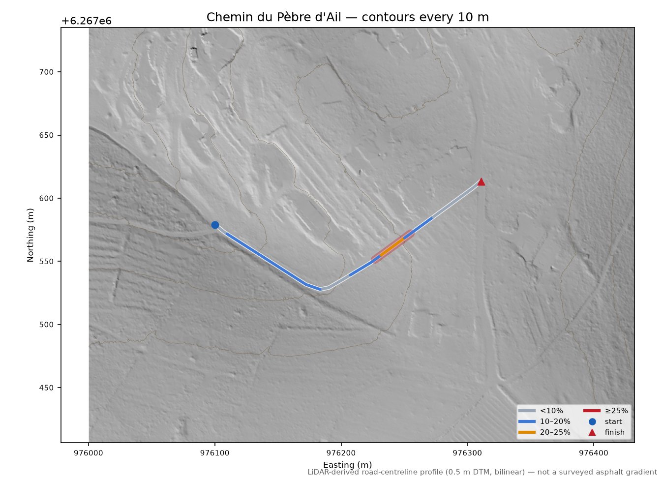 Chemin du Pèbre d'Ail LiDAR hillshade map with contours
