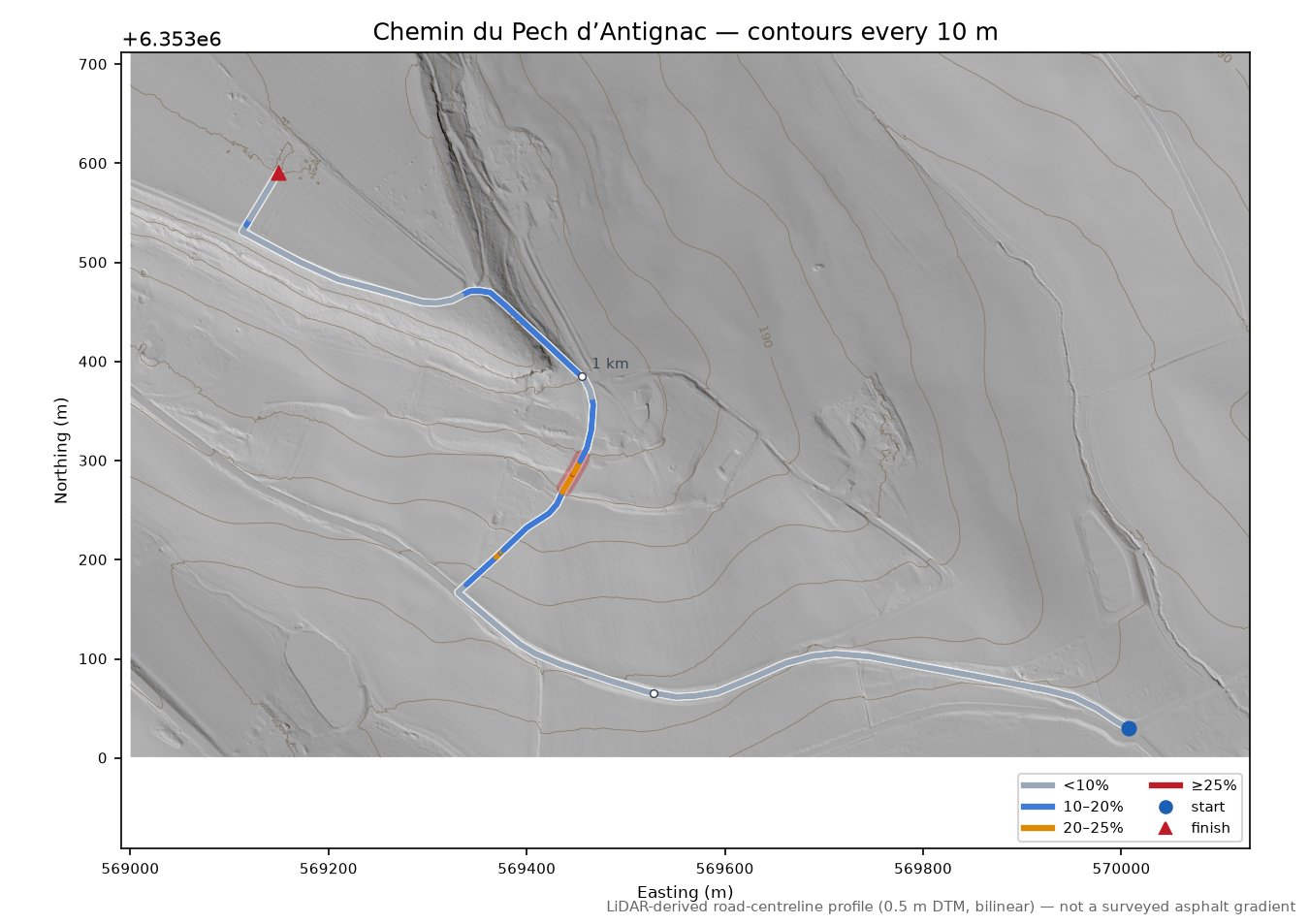Chemin du Pech d’Antignac LiDAR hillshade map with contours