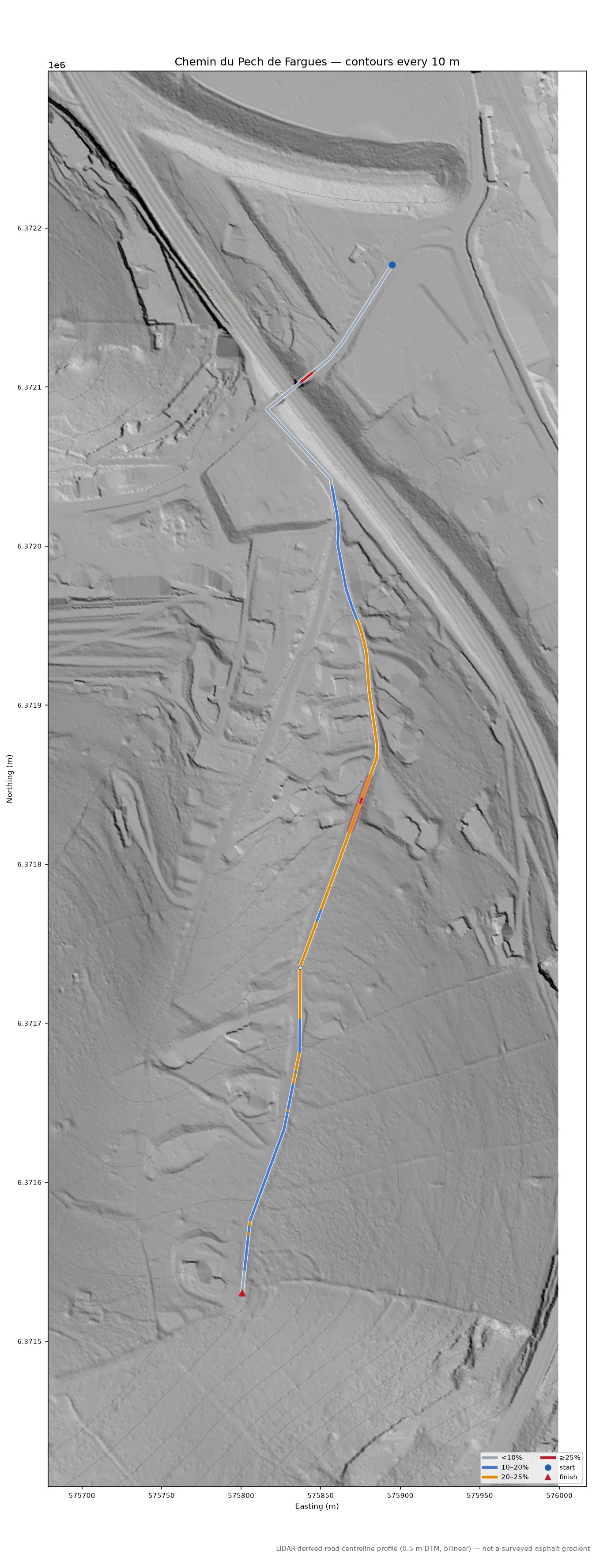 Chemin du Pech de Fargues LiDAR hillshade map with contours