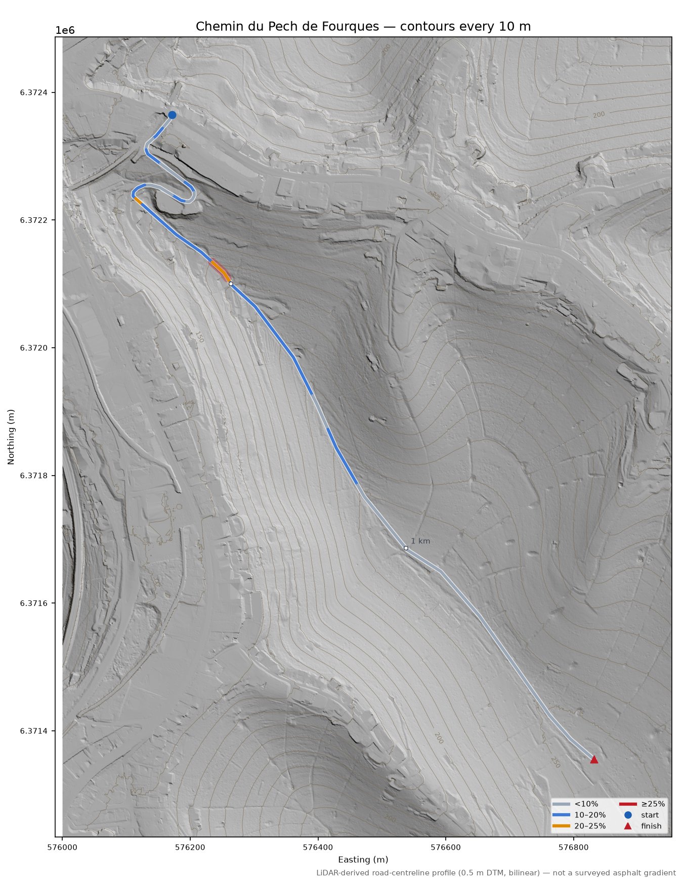 Chemin du Pech de Fourques LiDAR hillshade map with contours