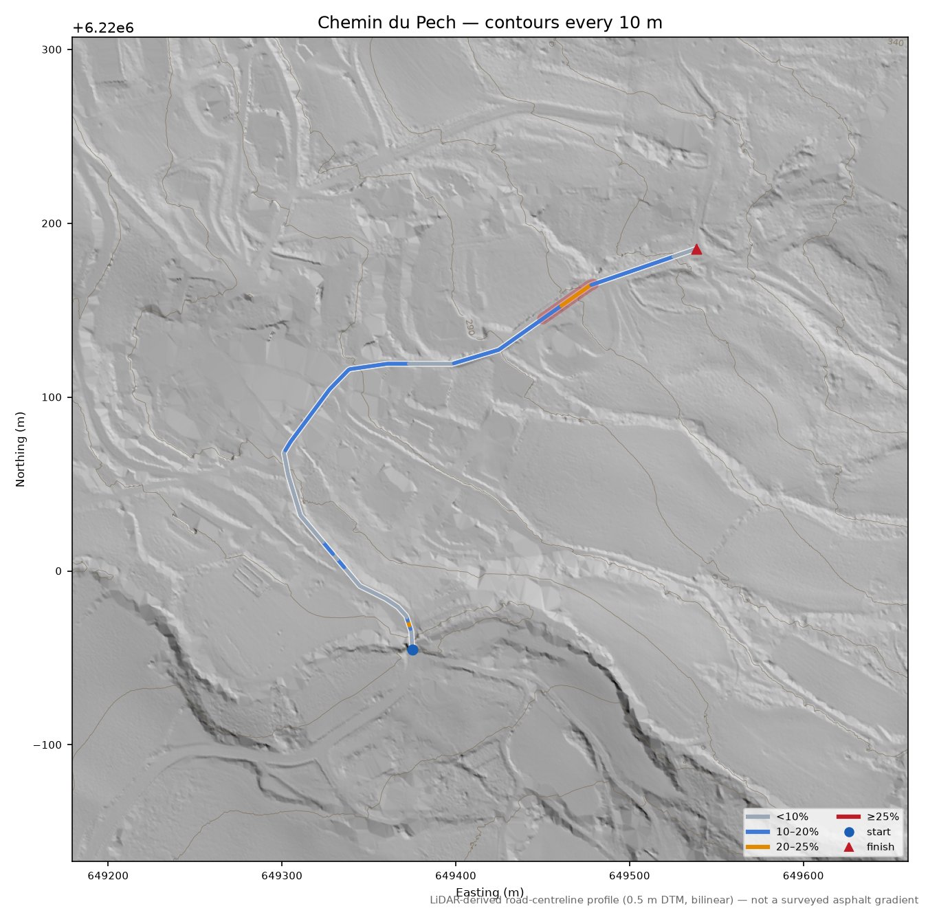 Chemin du Pech LiDAR hillshade map with contours