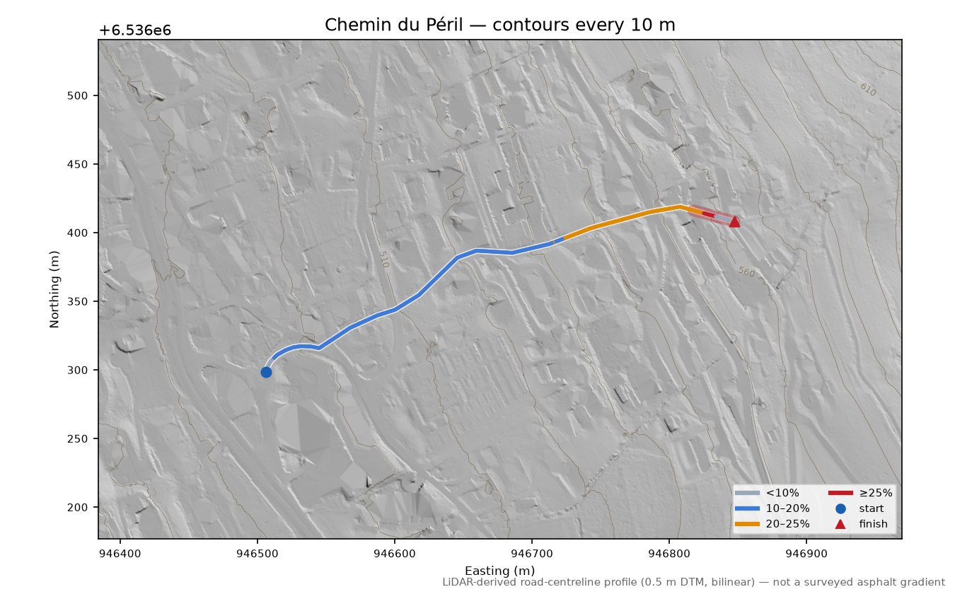Chemin du Péril LiDAR hillshade map with contours
