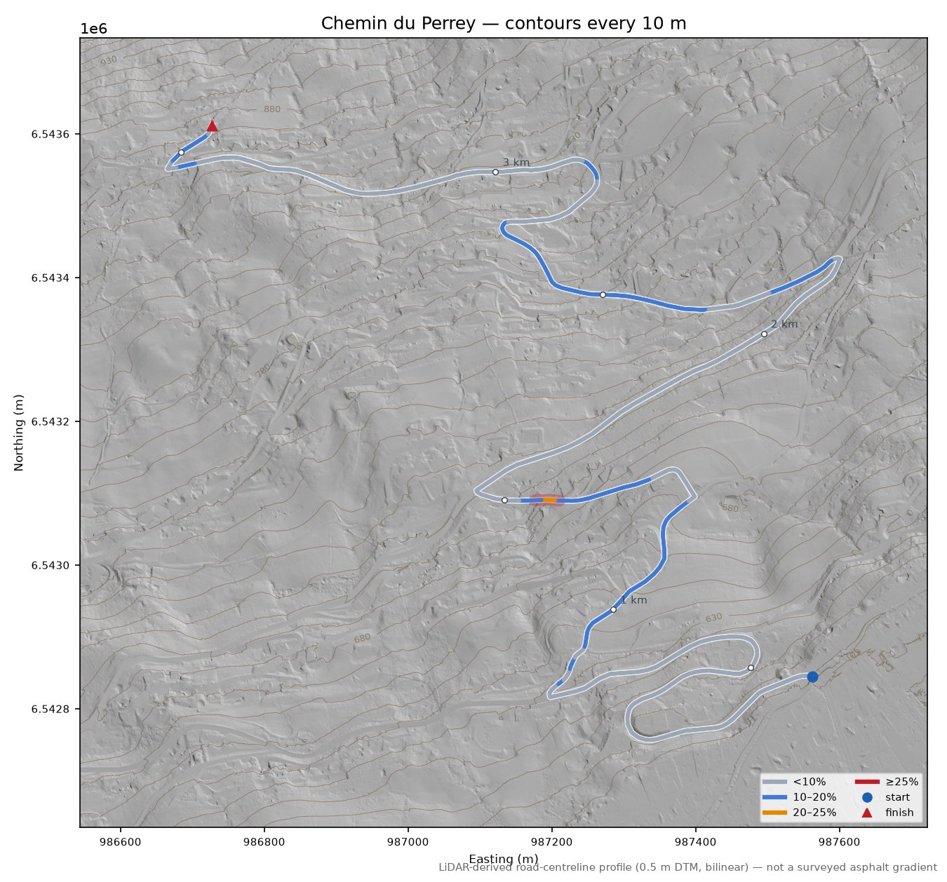 Chemin du Perrey LiDAR hillshade map with contours