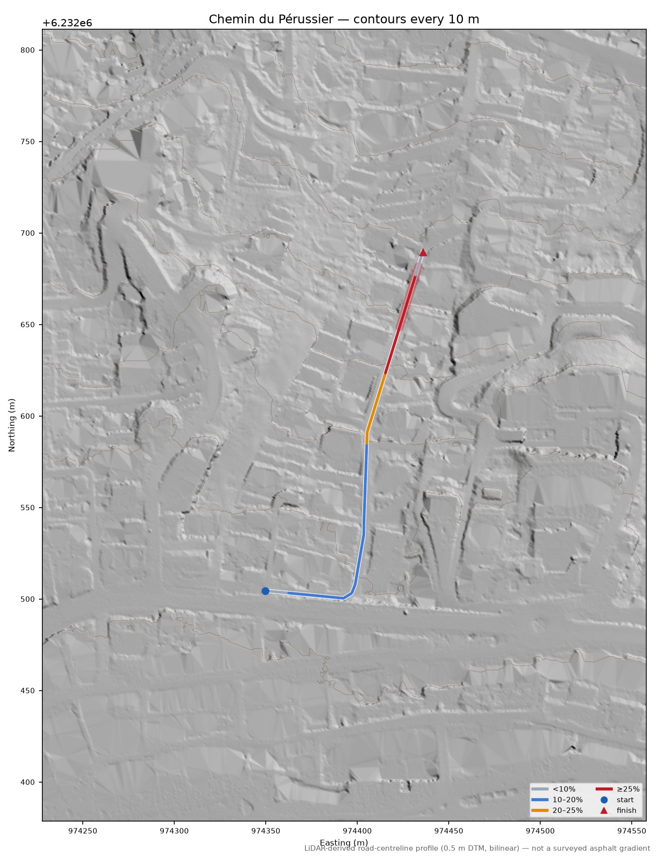 Chemin du Pérussier LiDAR hillshade map with contours