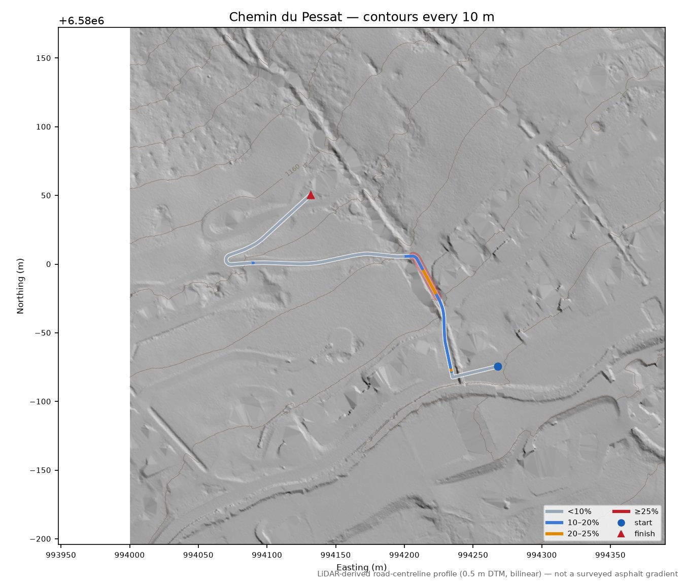 Chemin du Pessat LiDAR hillshade map with contours