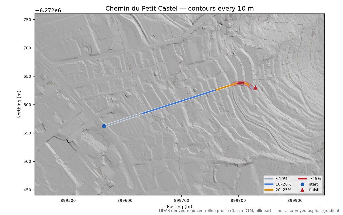 Chemin du Petit Castel LiDAR hillshade map with contours