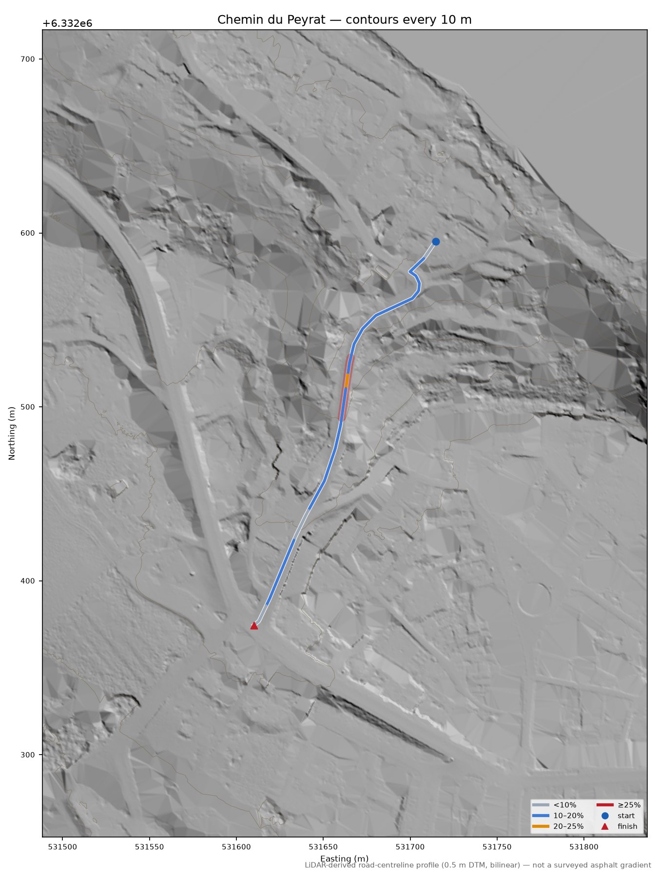 Chemin du Peyrat LiDAR hillshade map with contours