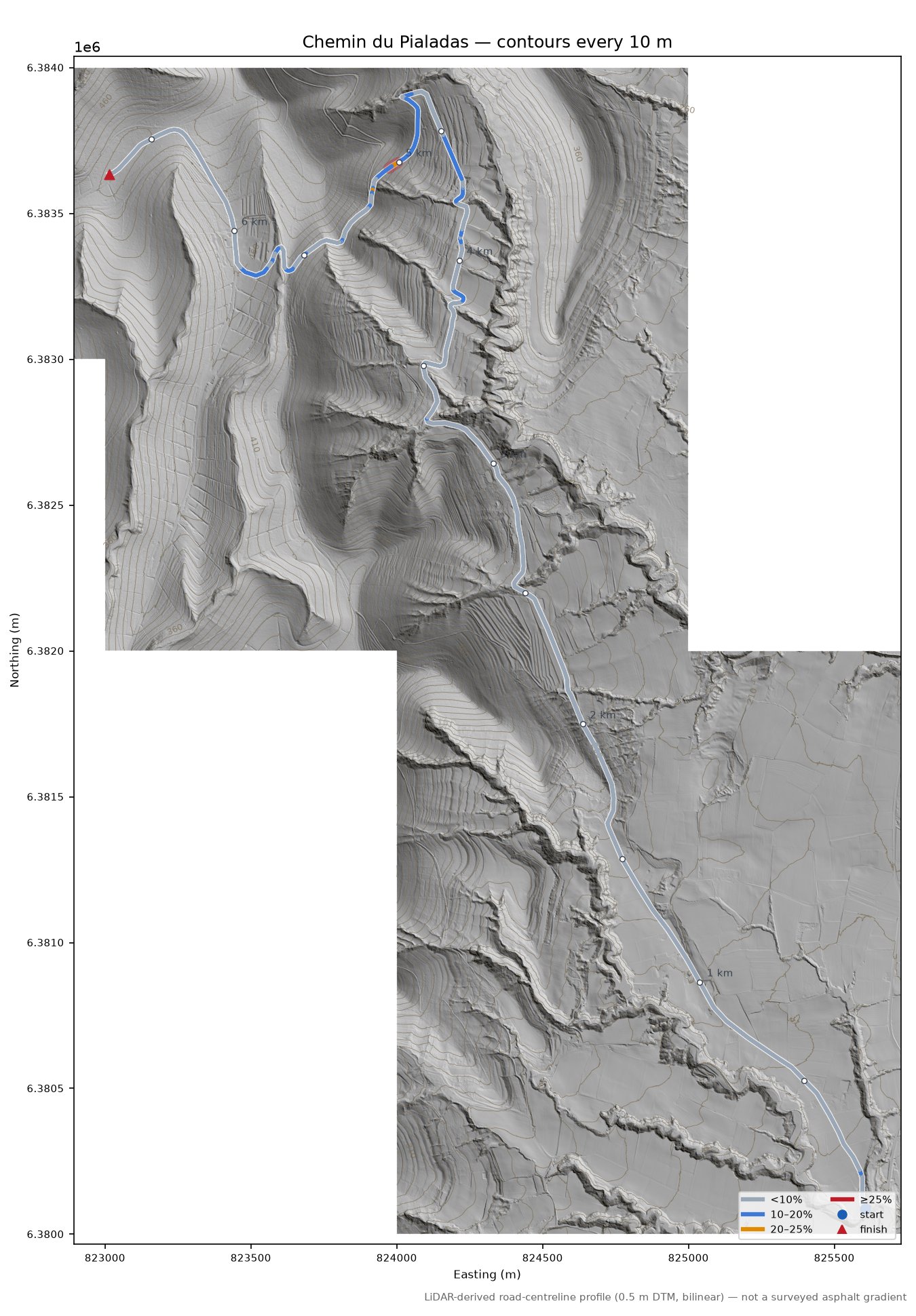 Chemin du Pialadas LiDAR hillshade map with contours