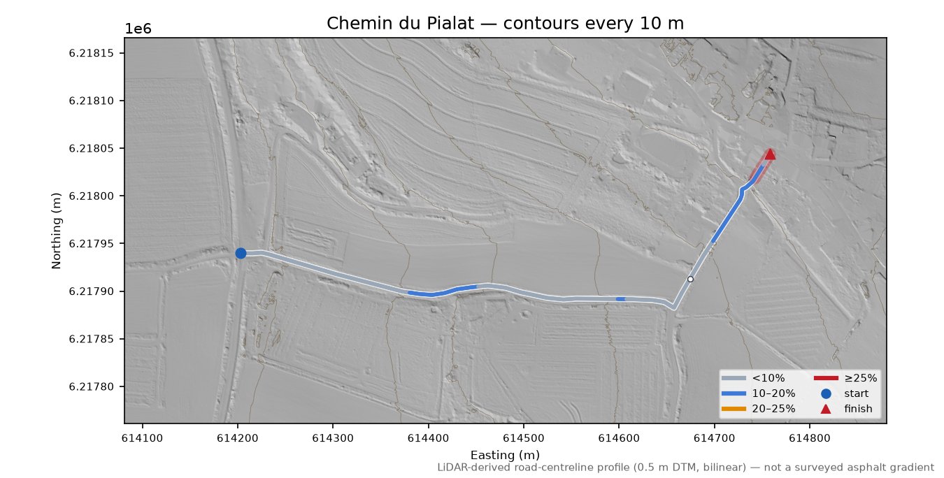 Chemin du Pialat LiDAR hillshade map with contours