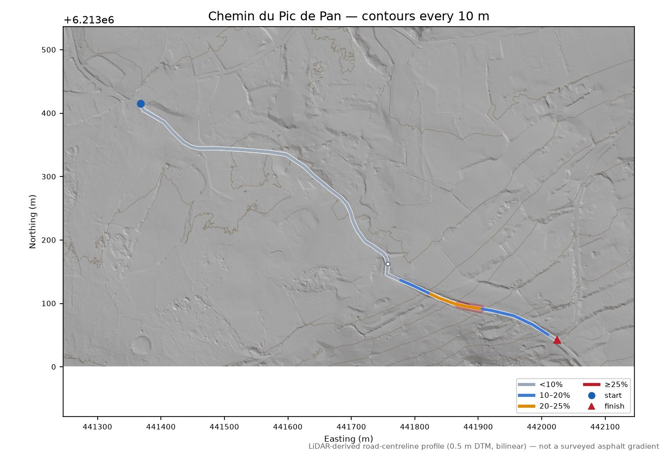 Chemin du Pic de Pan LiDAR hillshade map with contours