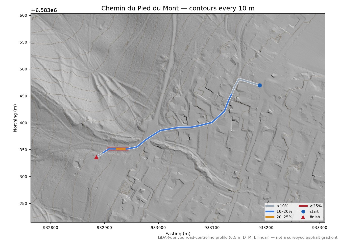 Chemin du Pied du Mont LiDAR hillshade map with contours