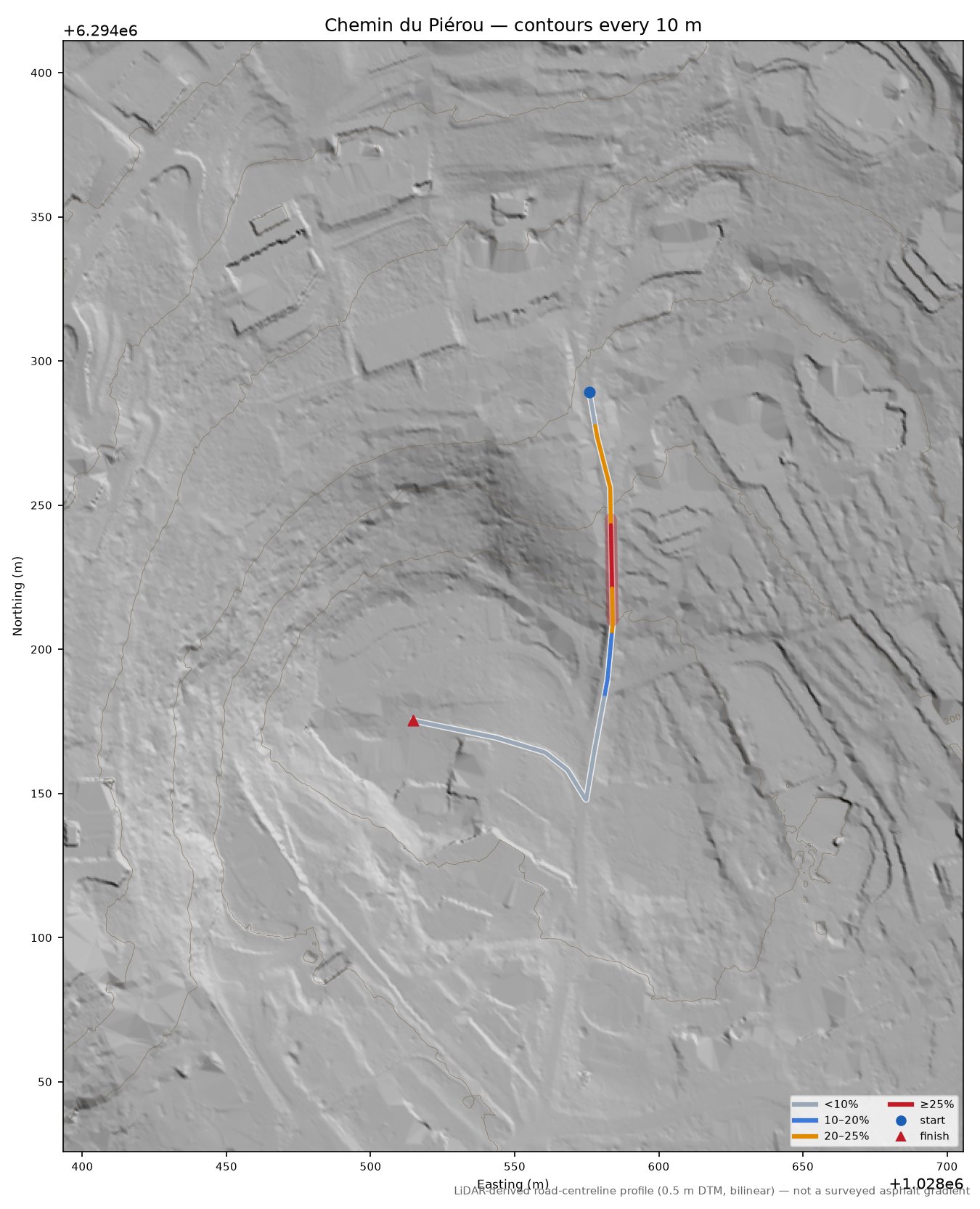Chemin du Piérou LiDAR hillshade map with contours