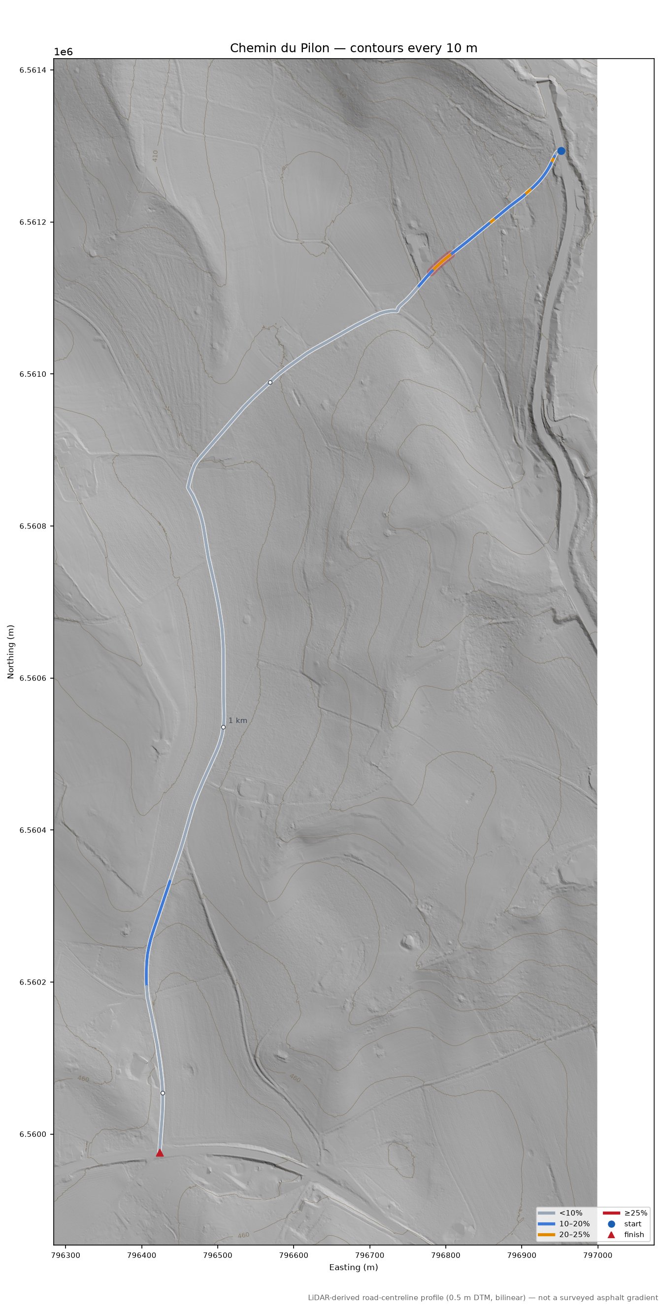 Chemin du Pilon LiDAR hillshade map with contours