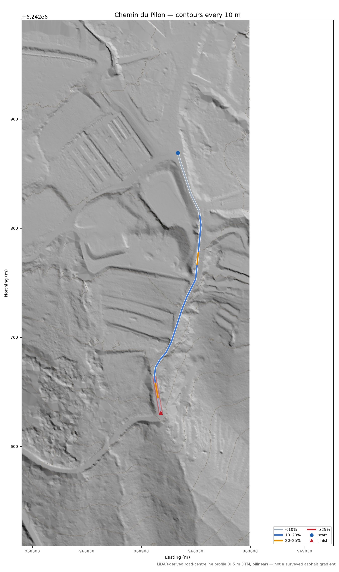 Chemin du Pilon LiDAR hillshade map with contours
