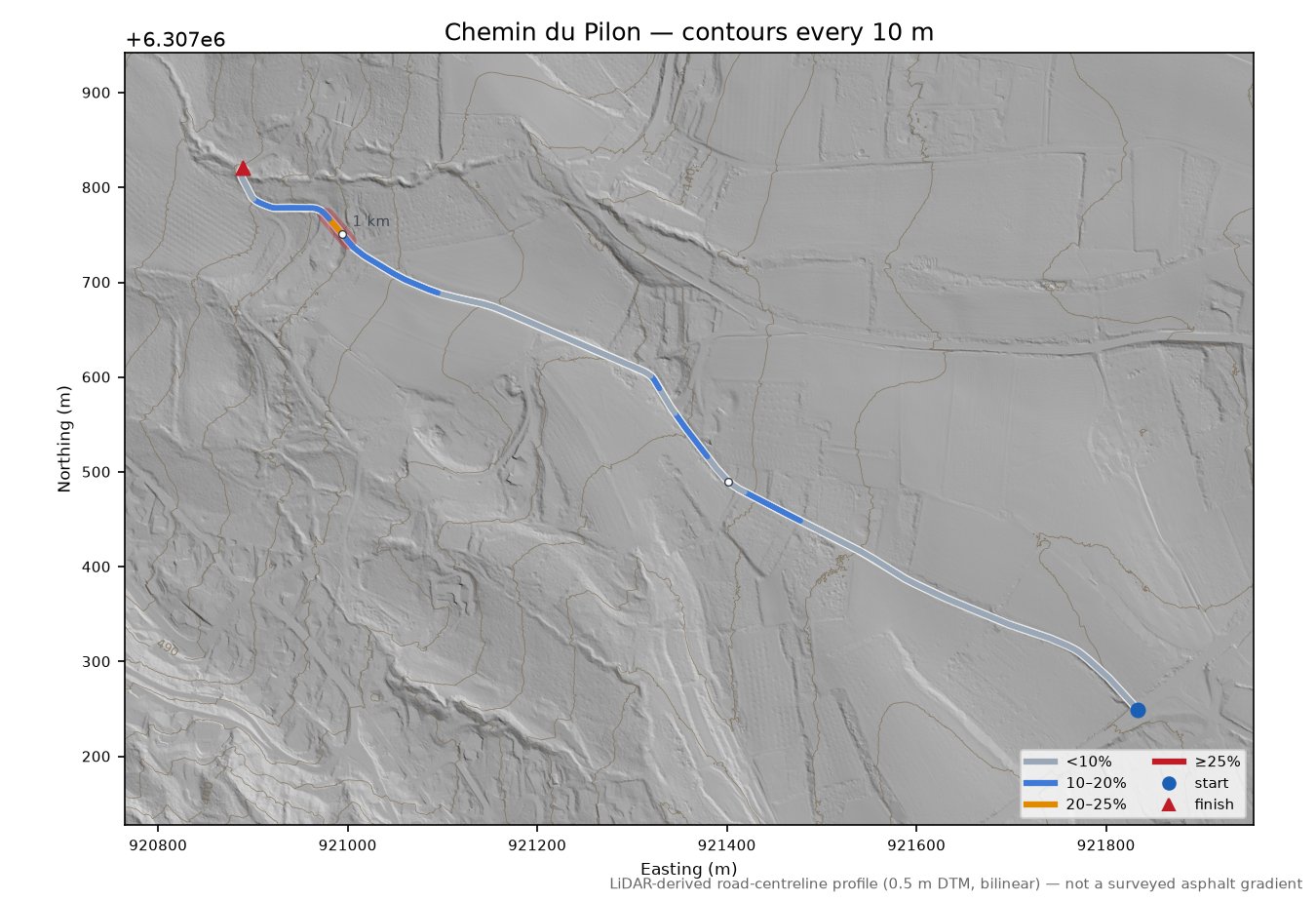 Chemin du Pilon LiDAR hillshade map with contours